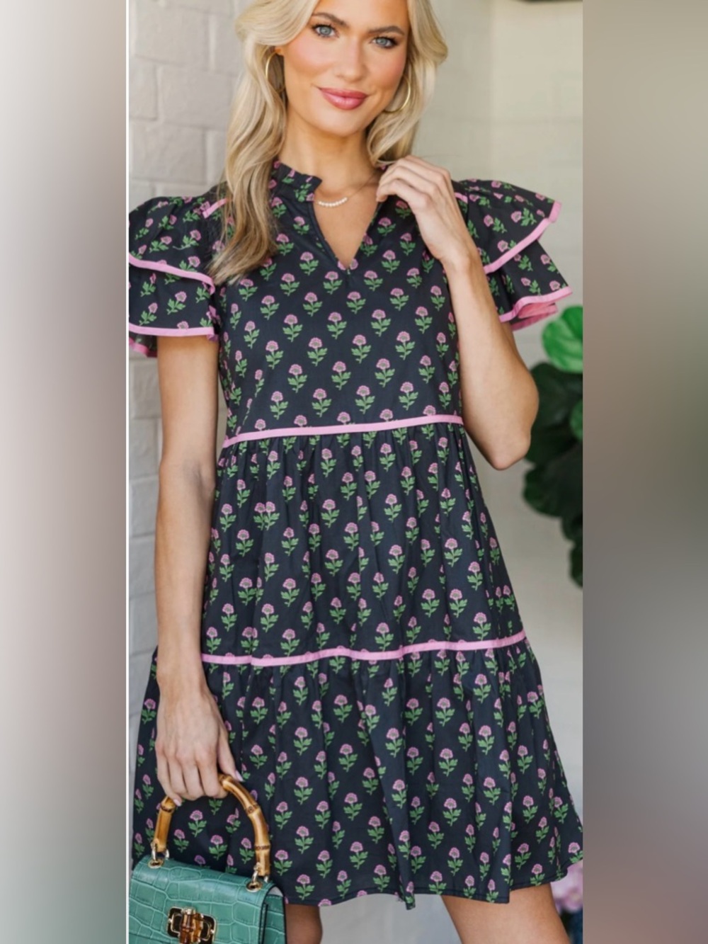 Floral Ruffle Mini Dress in Black and Pink